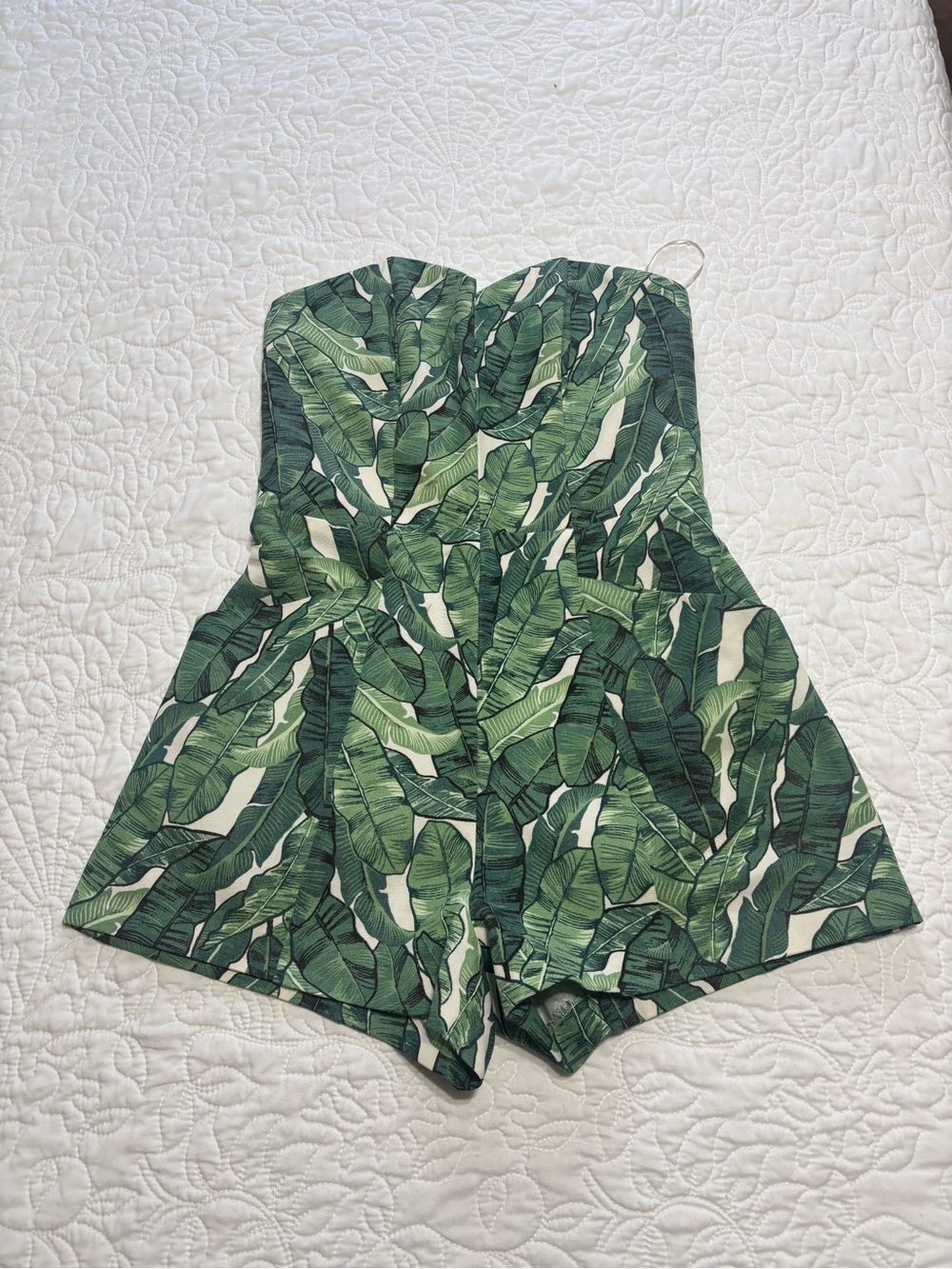 H&M Green Tropical Leaf Print Strapless Romper